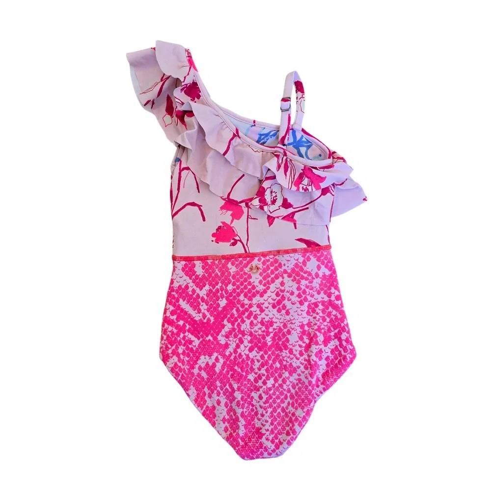 Maaji‎ Girls One Piece Ruffle Swimsuit Snakeskin Floral Pink Blue Size 4